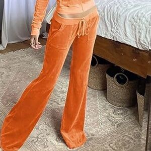 Pumpkin Orange Velvet Velour Track Pants Pocket Flare Drawstring S NEW Lounge